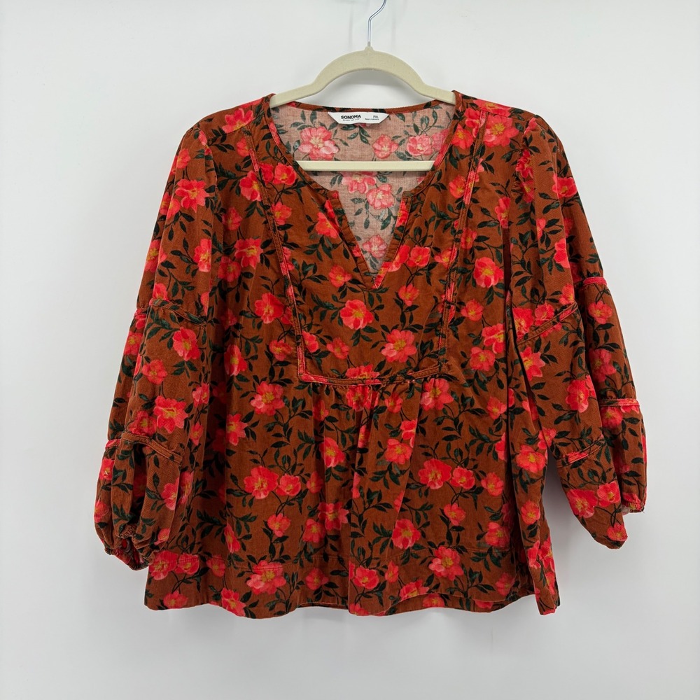Sonoma Blouse Rust Brown Womens PXL Floral Corduroy Tiered Sleeve Babydoll Top